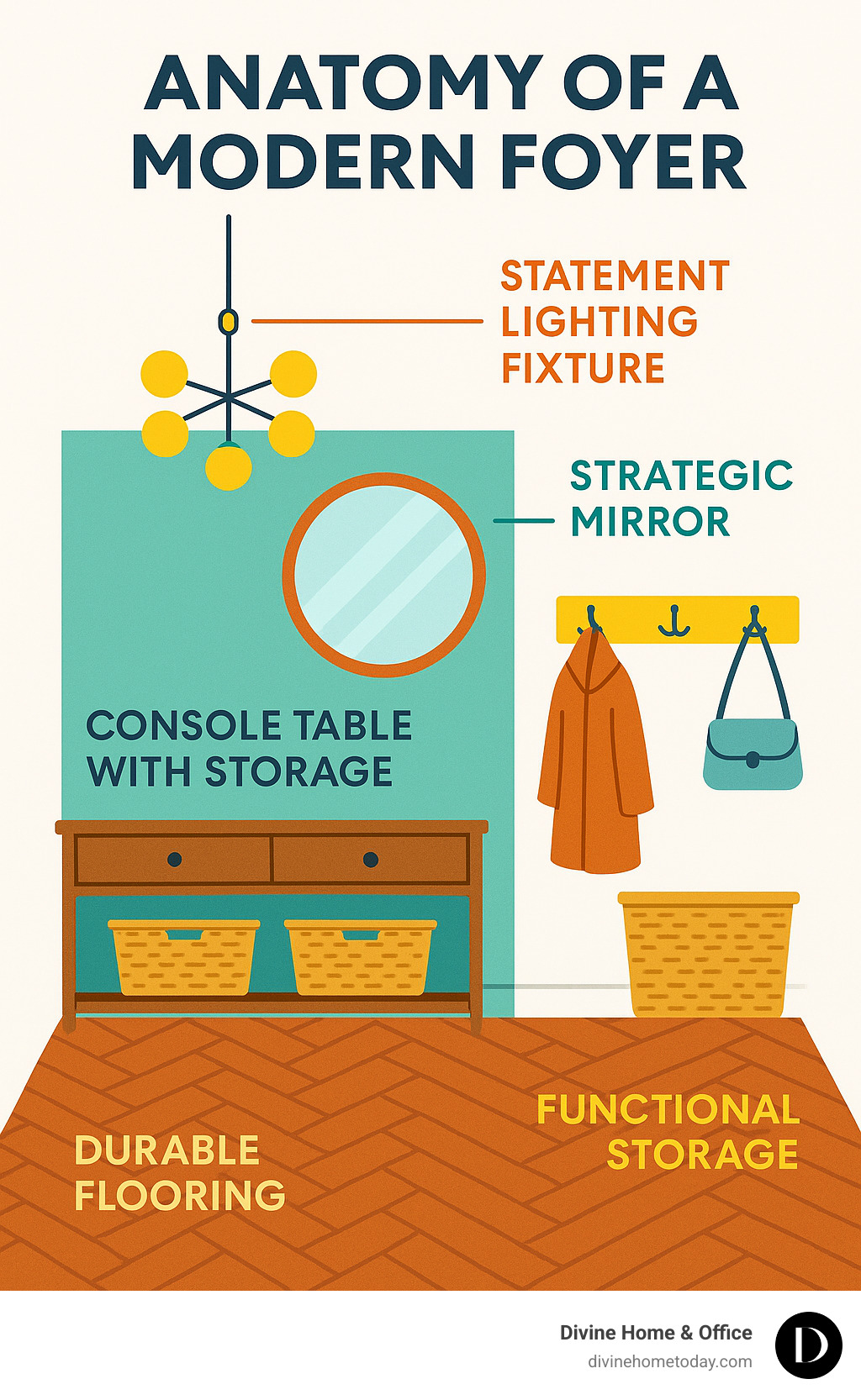 Infographic showing the anatomy of a modern foyer with labeled elements including statement lighting fixture at top, console table with storage below, durable flooring options, strategic mirror placement for light reflection, and functional storage solutions like hooks and baskets - entryway modern foyer design infographic 
