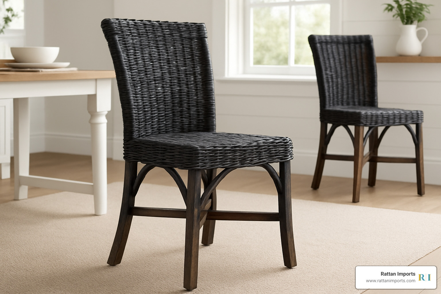 modern farmhouse rattan dining chair with black-wash finish - modern rattan dining chair