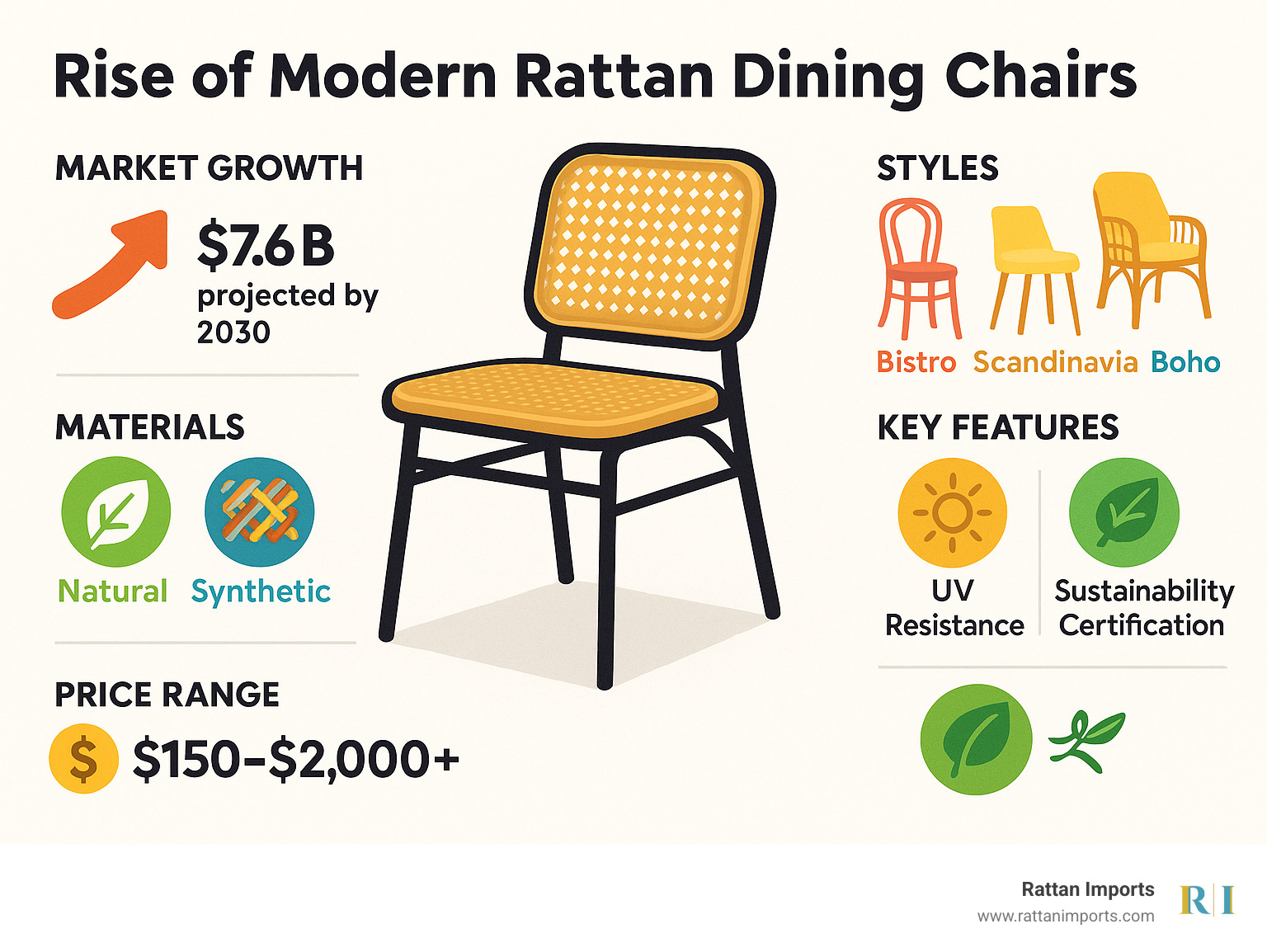 Infographic showing the rise of modern rattan dining chairs with statistics on market growth, material types (natural vs synthetic), popular styles (bistro, Scandinavian, boho), price ranges, and key features like UV resistance and sustainability certifications - modern rattan dining chair infographic 