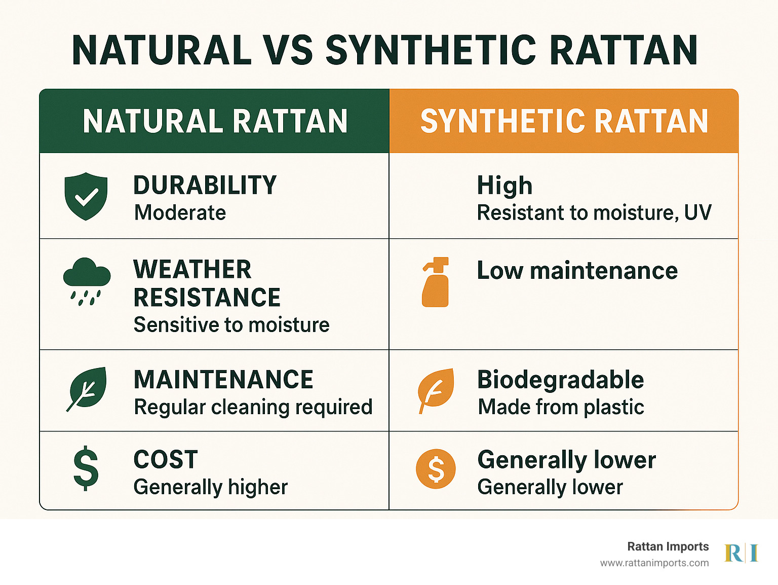 Comparison infographic showing natural vs synthetic rattan characteristics including durability, weather resistance, maintenance requirements, environmental impact, and cost considerations - modern rattan dining chair infographic 