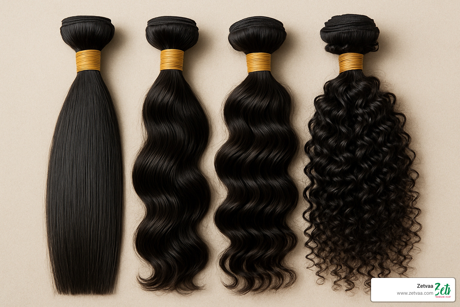 Comparison of different raw Indian hair textures from straight to curly showing natural movement and luster - raw unprocessed indian hair