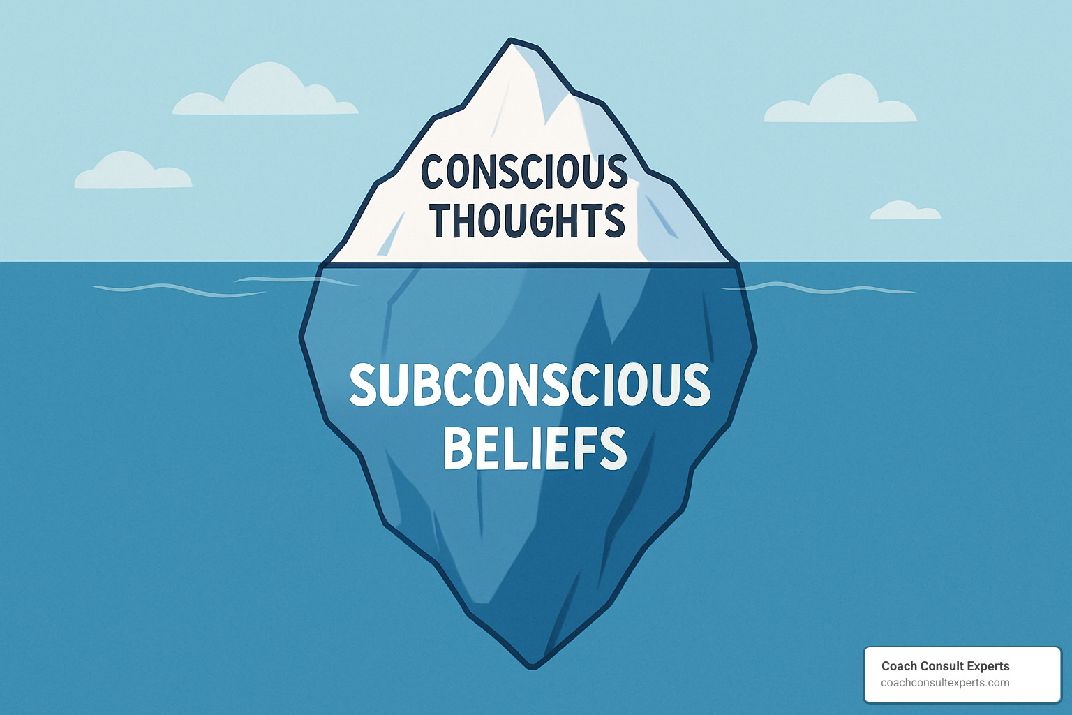 visualization of iceberg showing conscious thoughts above water and massive subconscious beliefs beneath the surface - mindset coaching