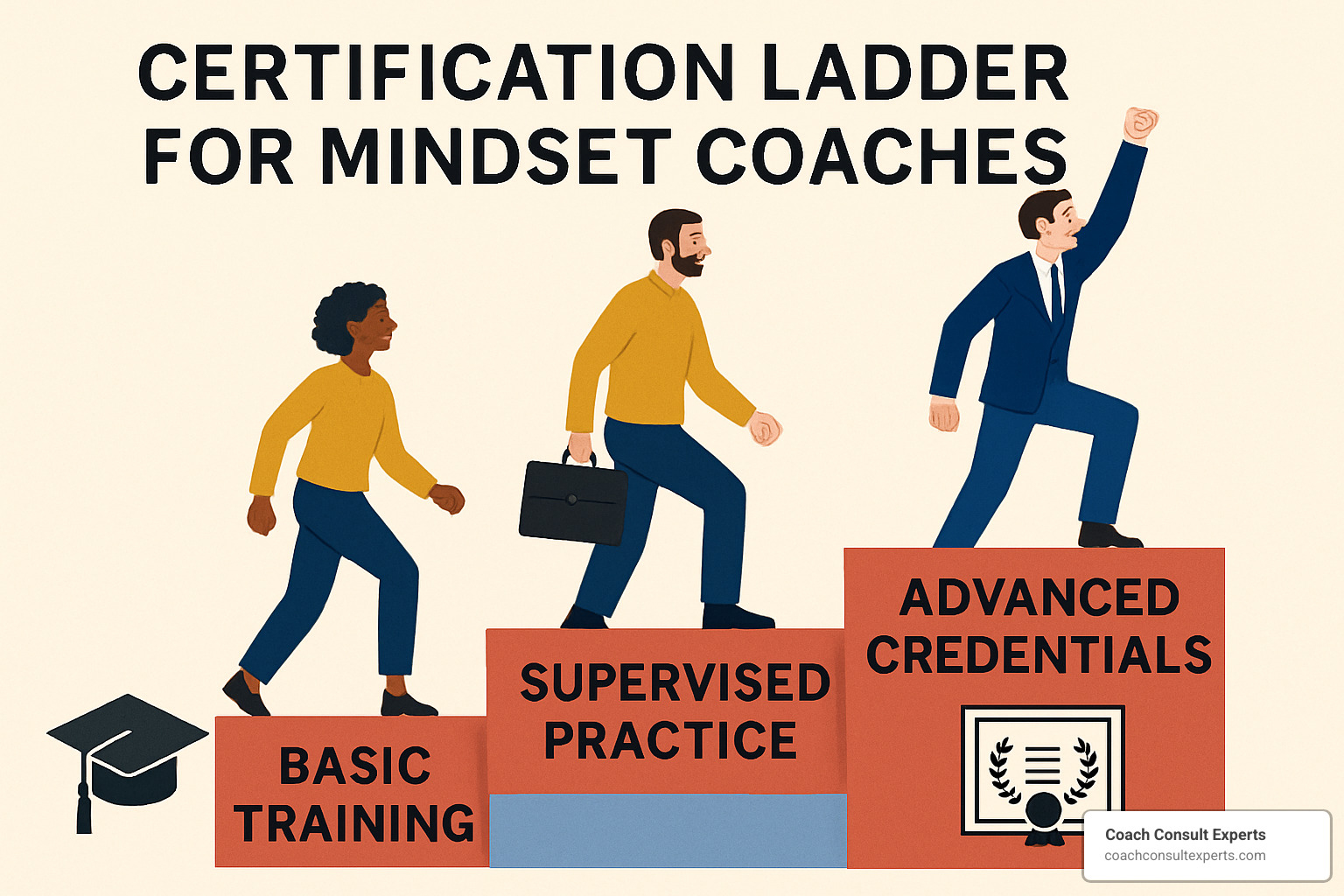 certification ladder showing progression from basic training through supervised practice to advanced credentials - mindset coaching