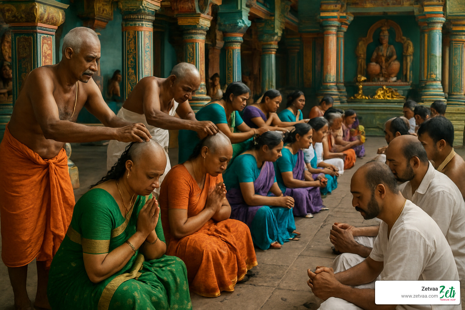 Temple hair donation ceremony showing devotees offering their hair in a sacred ritual - raw unprocessed indian hair