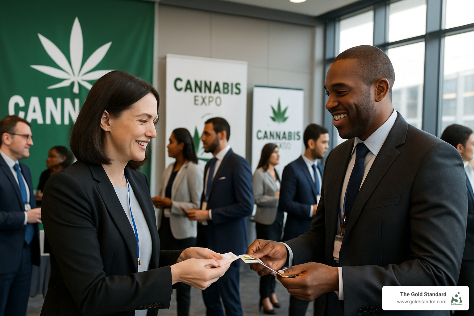 Business professionals exchanging business cards at cannabis networking event - cannabis networking events