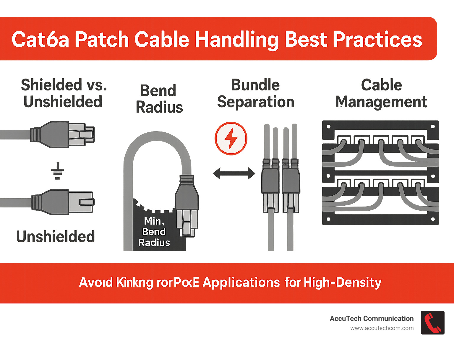 Installation diagram showing proper shielded vs unshielded Cat6a patch cable grounding, bend radius requirements, bundle separation for PoE applications, and cable management best practices for high-density rack environments - cat6a patch cable infographic 