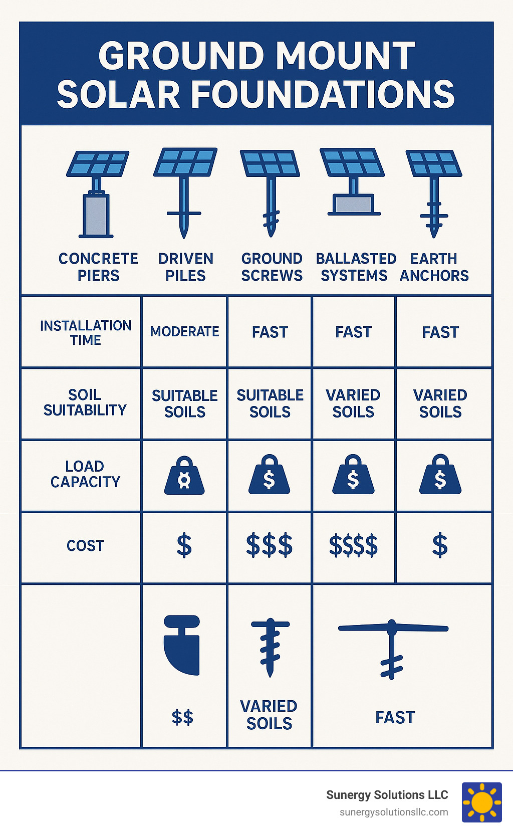 Foundation comparison showing installation time, soil suitability, load capacity, and cost factors for concrete piers, driven piles, ground screws, ballasted systems, and earth anchors - ground mount solar foundations infographic