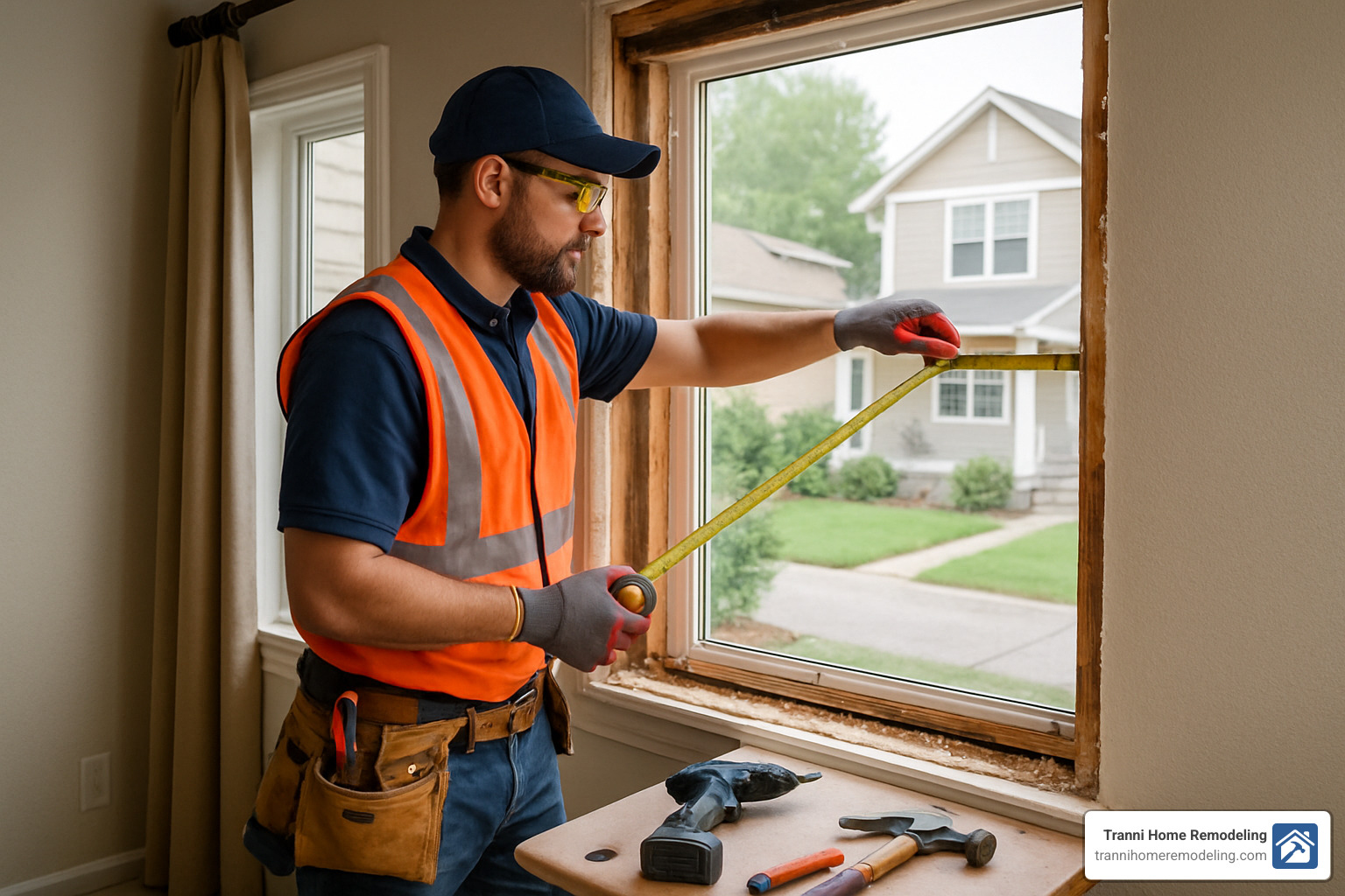 Professional window installer measuring and preparing window opening - window installation contractors