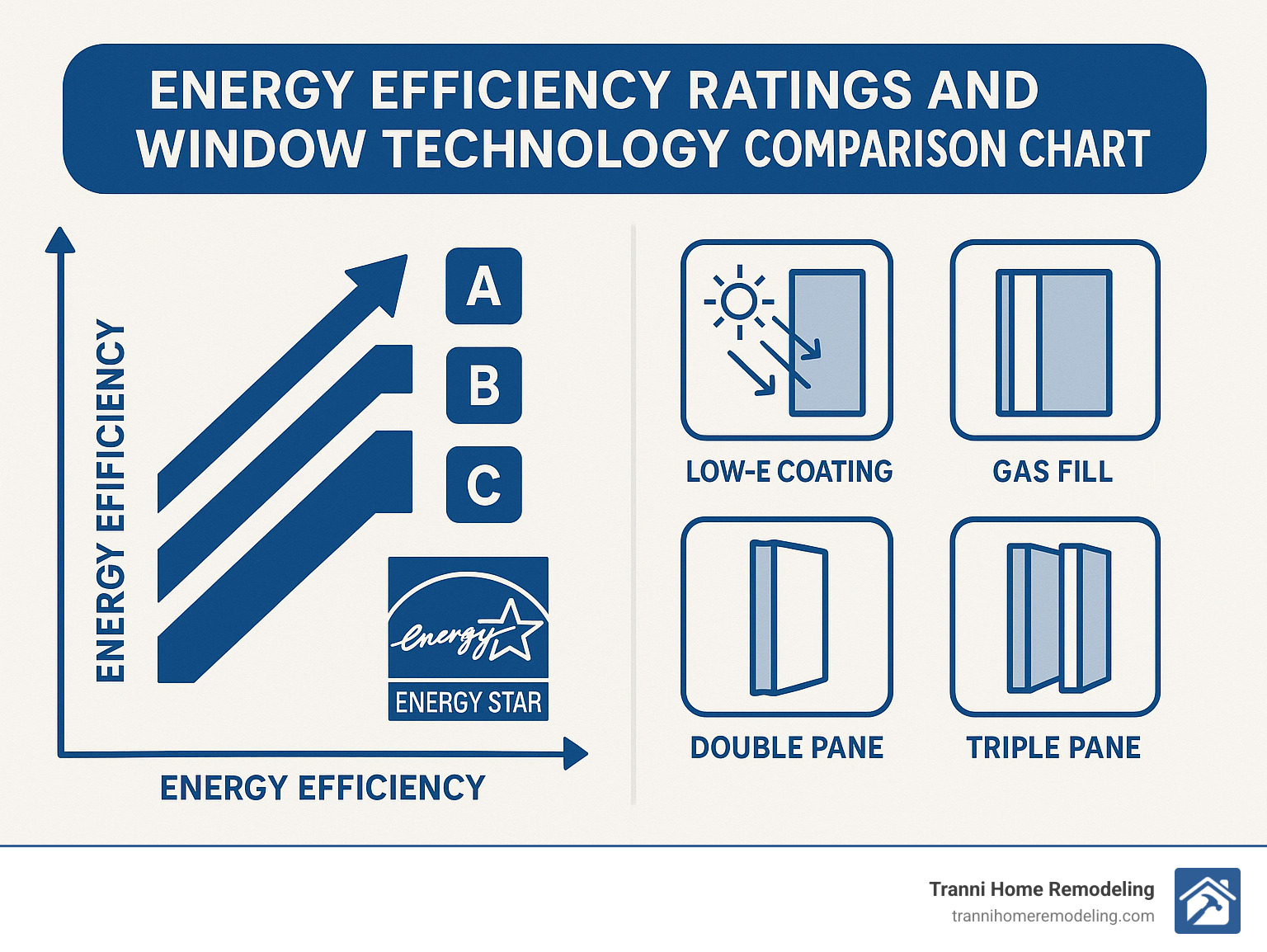 Energy efficiency ratings and window technology comparison chart - window installation contractors infographic