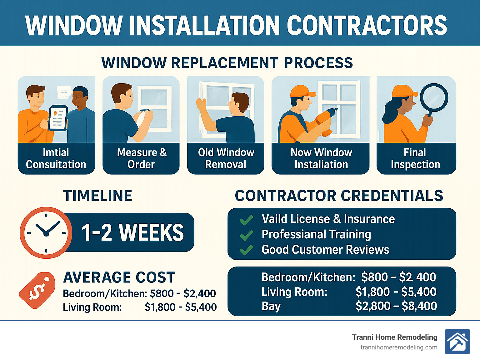 Comprehensive guide showing the complete window replacement process from initial consultation through final inspection, including timeline expectations, contractor credentials to verify, and average cost ranges by window type - window installation contractors infographic