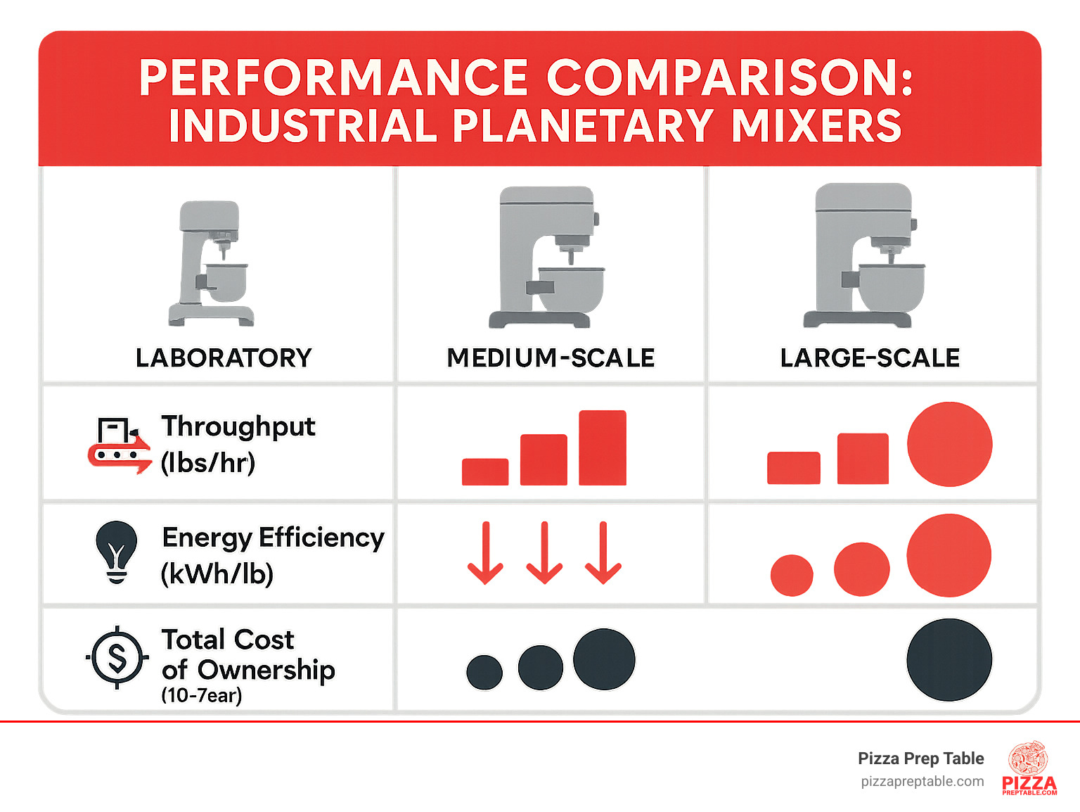 Performance comparison infographic showing throughput rates, energy efficiency, and total cost of ownership for different industrial planetary mixer categories over 10-year operational periods - industrial planetary mixer infographic 