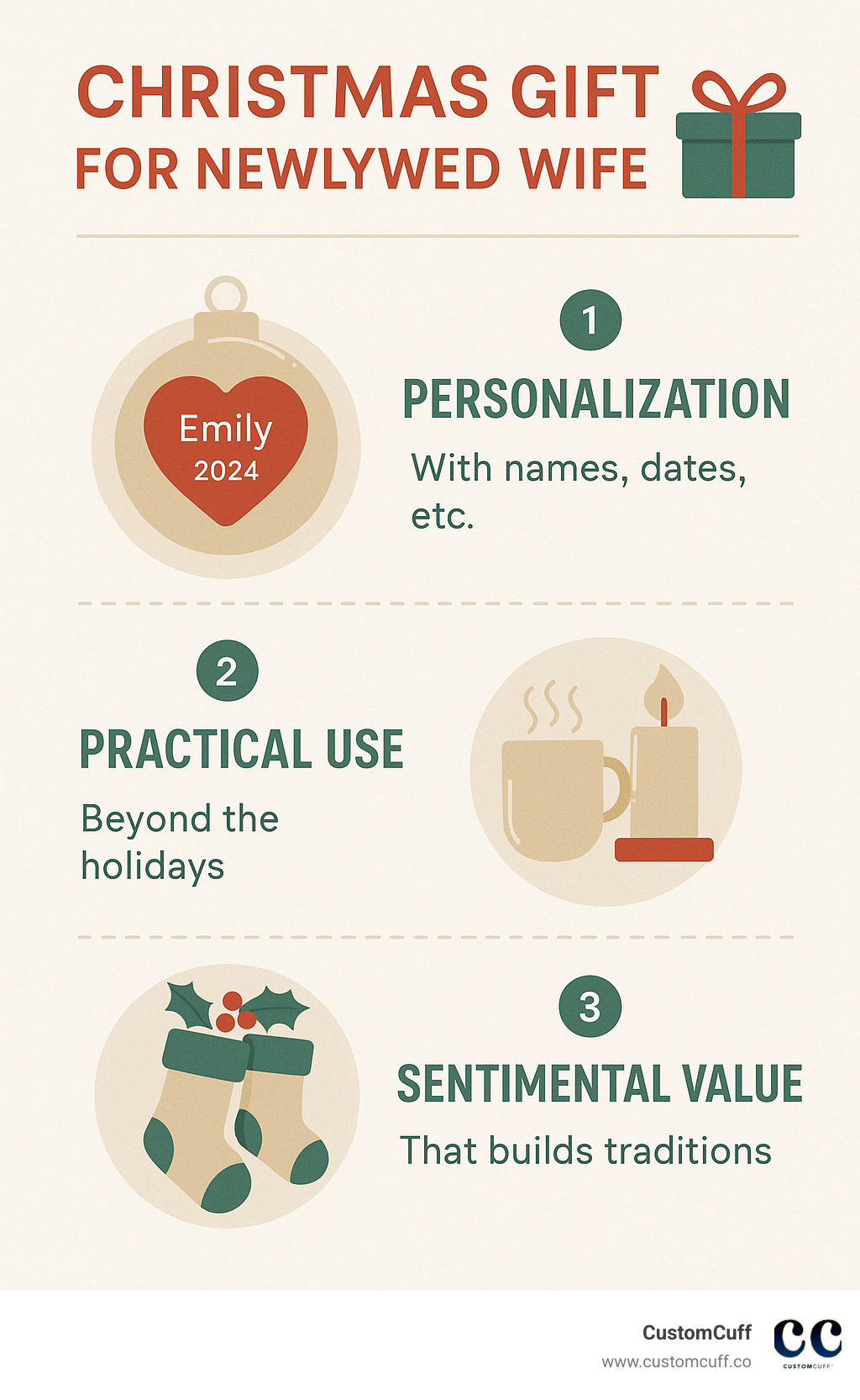 Infographic showing three key factors for memorable Christmas gifts for newlywed wives: personalization with names or dates, practical use beyond the holidays, and sentimental value that builds traditions - christmas gift for newlywed wife infographic 