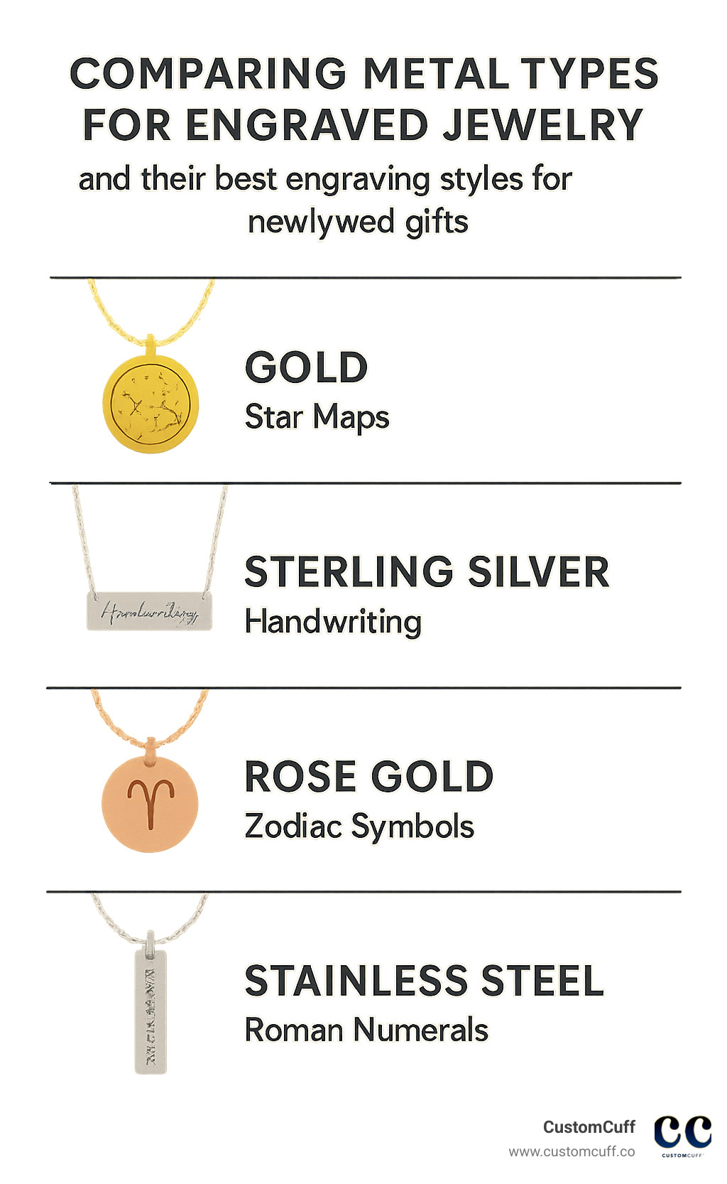 Comparison infographic showing different metal types for engraved jewelry and their best engraving styles for newlywed gifts - christmas gift for newlywed wife infographic 