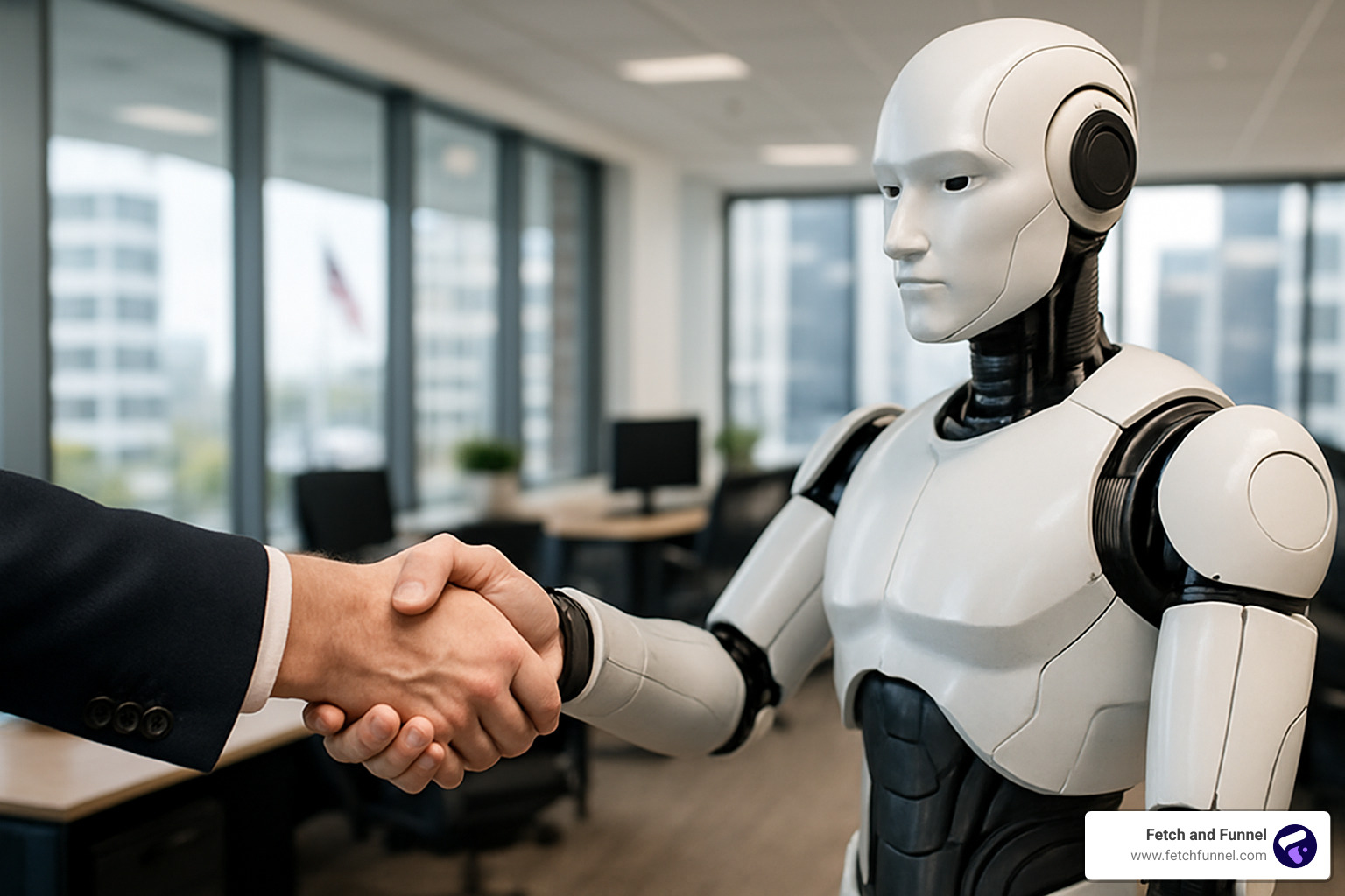 human and AI working together represented by handshake between person and robot - ai lead nurture