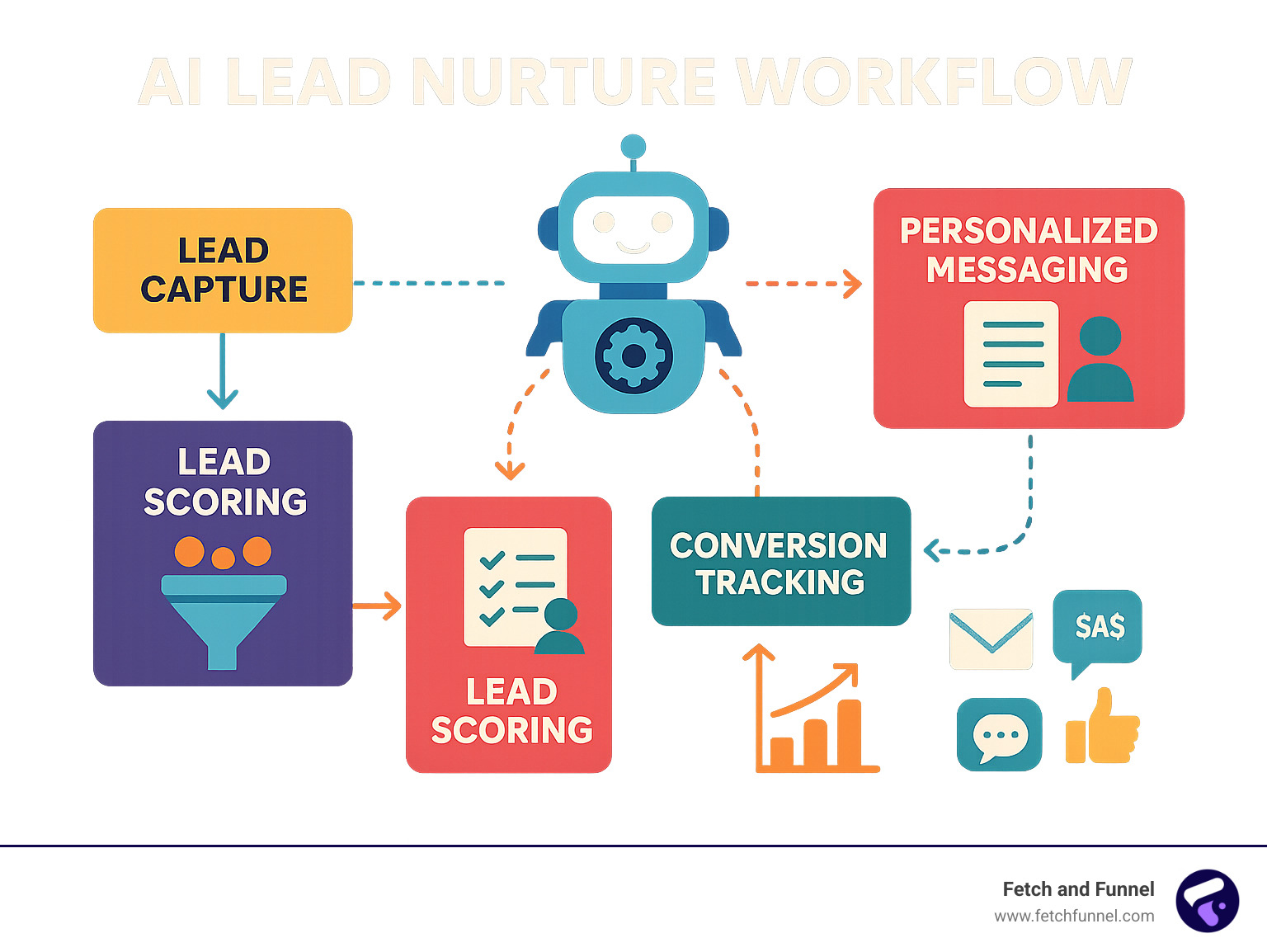 AI lead nurture workflow showing lead capture, scoring, personalized messaging, and conversion tracking with automated follow-ups across email, SMS, and social channels - ai lead nurture infographic