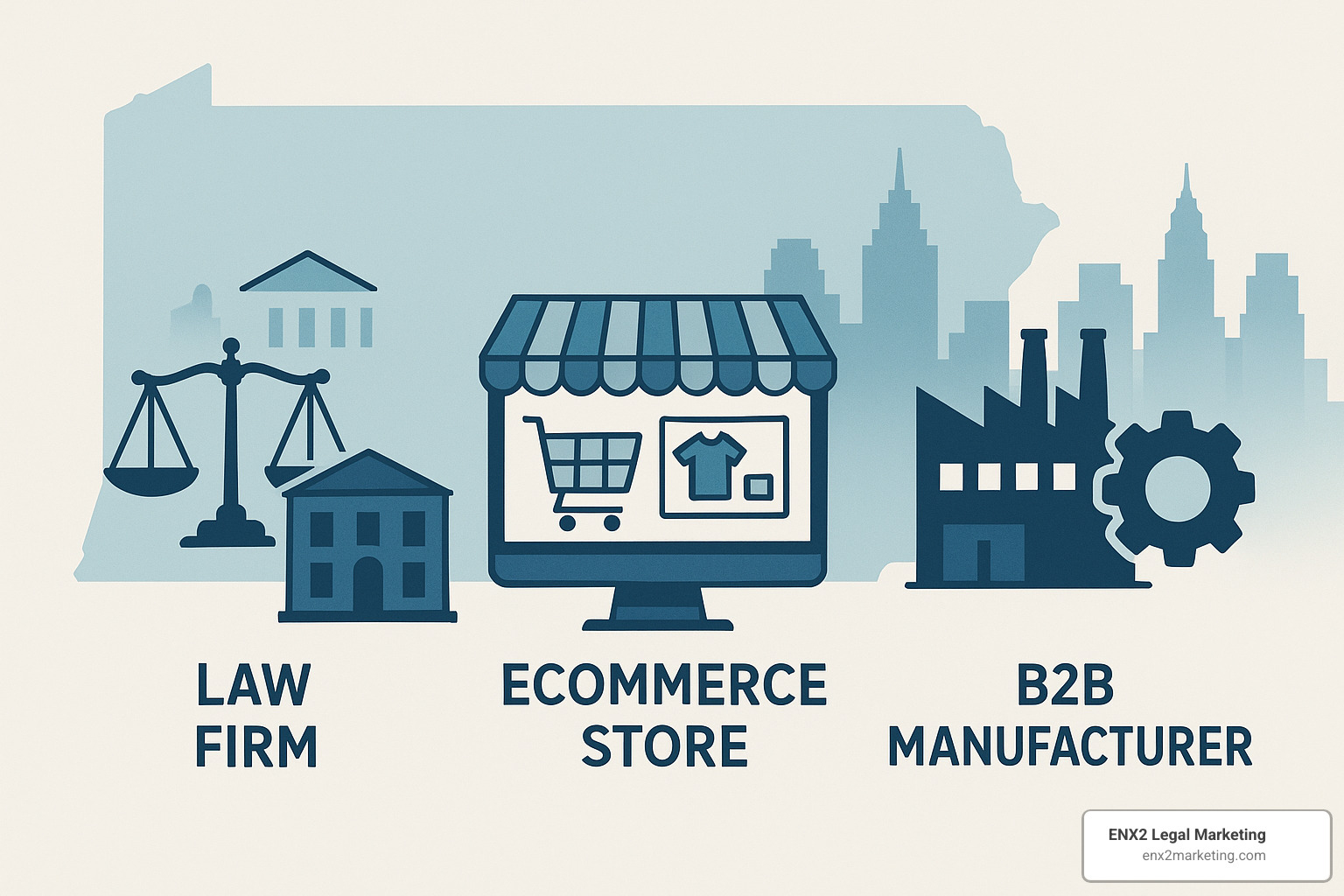 Industry-specific SEO strategies visualization showing law firms, ecommerce, and B2B approaches - seo pennsylvania