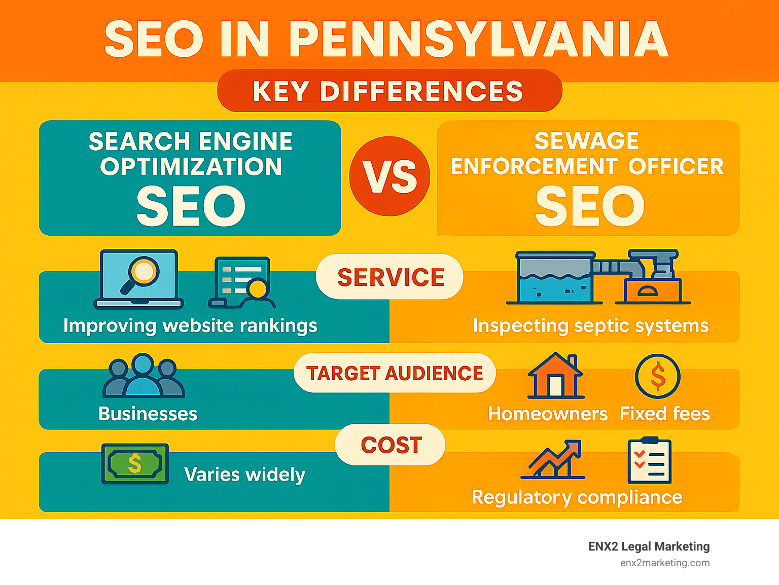 Infographic showing the key differences between Search Engine Optimization SEO and Sewage Enforcement Officer SEO in Pennsylvania, including service types, target audiences, costs, and expected outcomes - seo pennsylvania infographic 