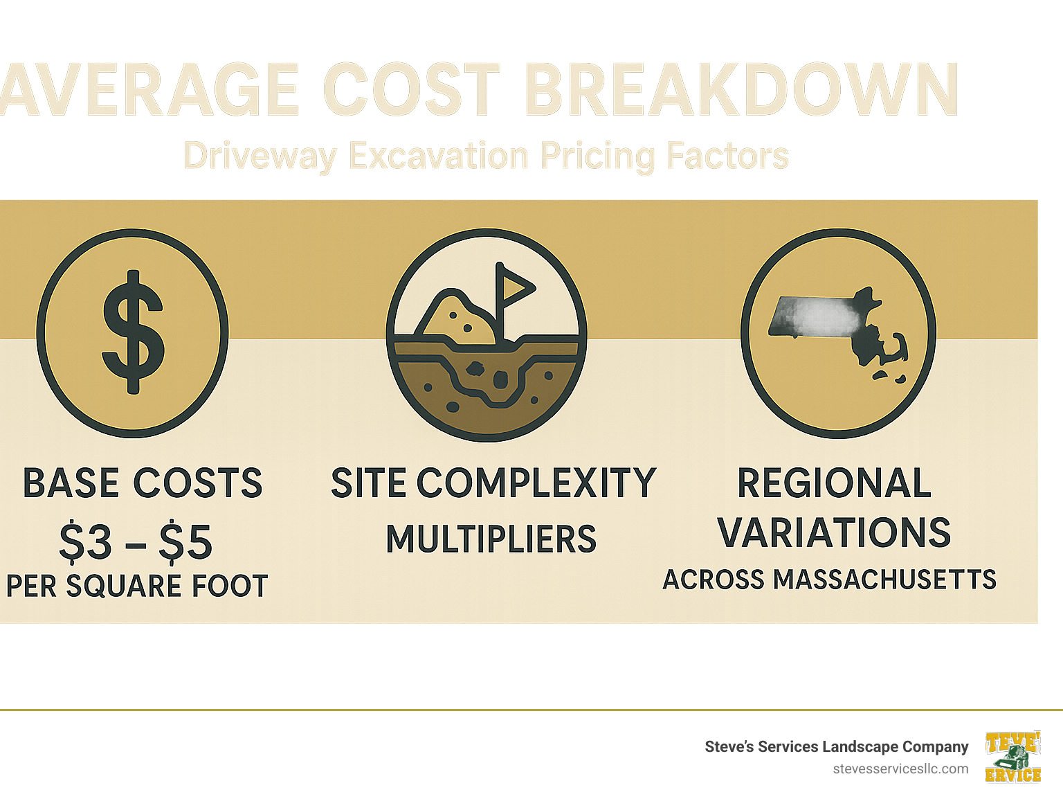 Average cost breakdown infographic showing driveway excavation pricing factors including base costs, site complexity multipliers, and regional variations across Massachusetts - Driveway excavation contractors infographic 