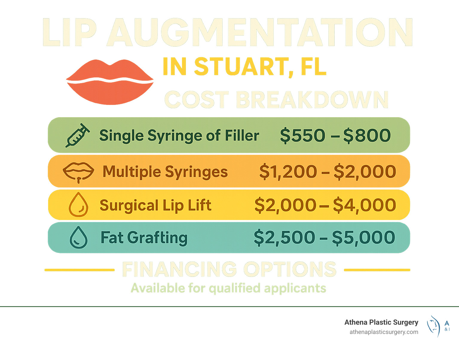 Cost breakdown infographic showing average prices for different lip augmentation procedures in Stuart FL with financing options - lip augmentation stuart fl infographic 