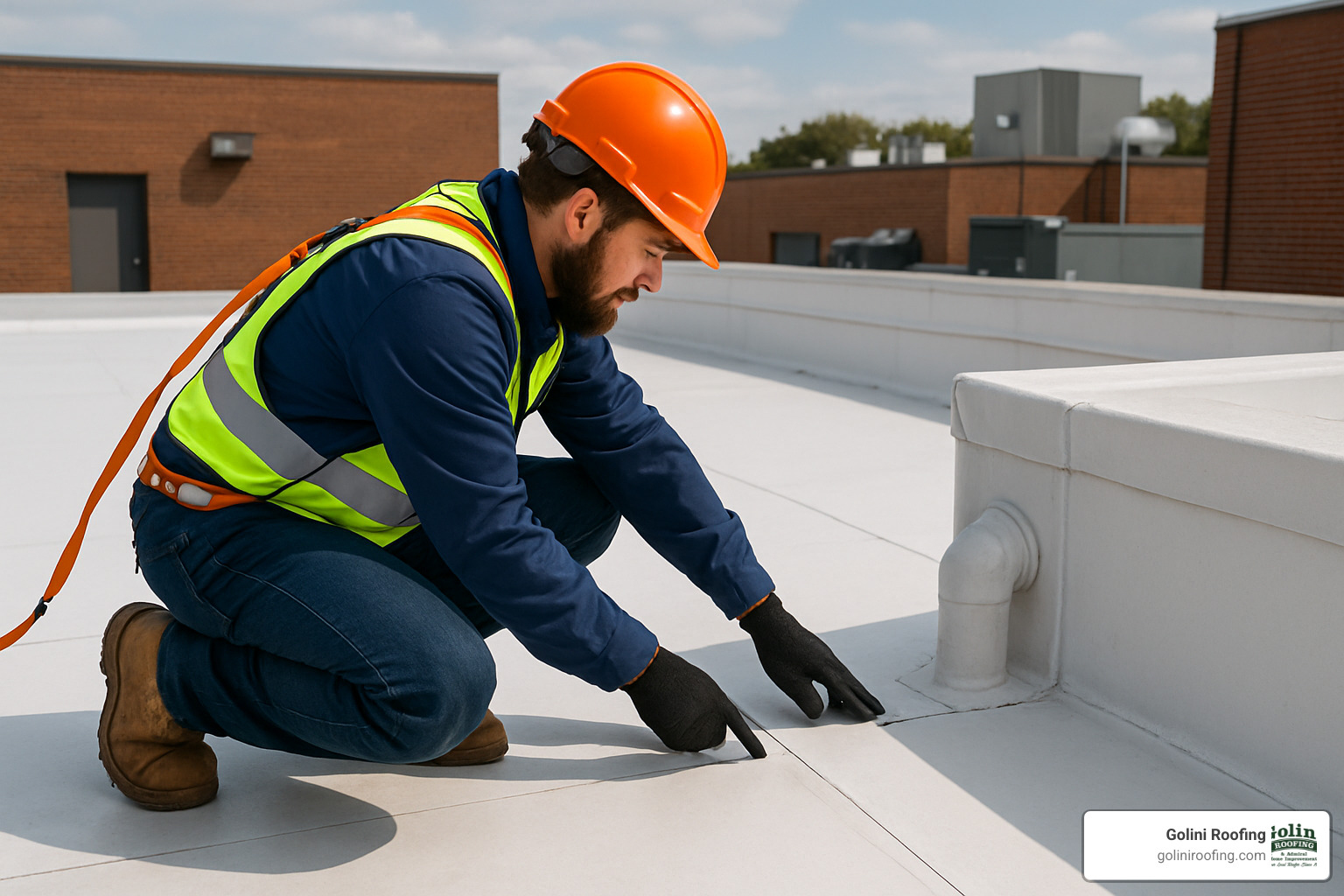 roofing technician inspecting TPO membrane seams and flashings during maintenance visit - commercial roof maintenance plan
