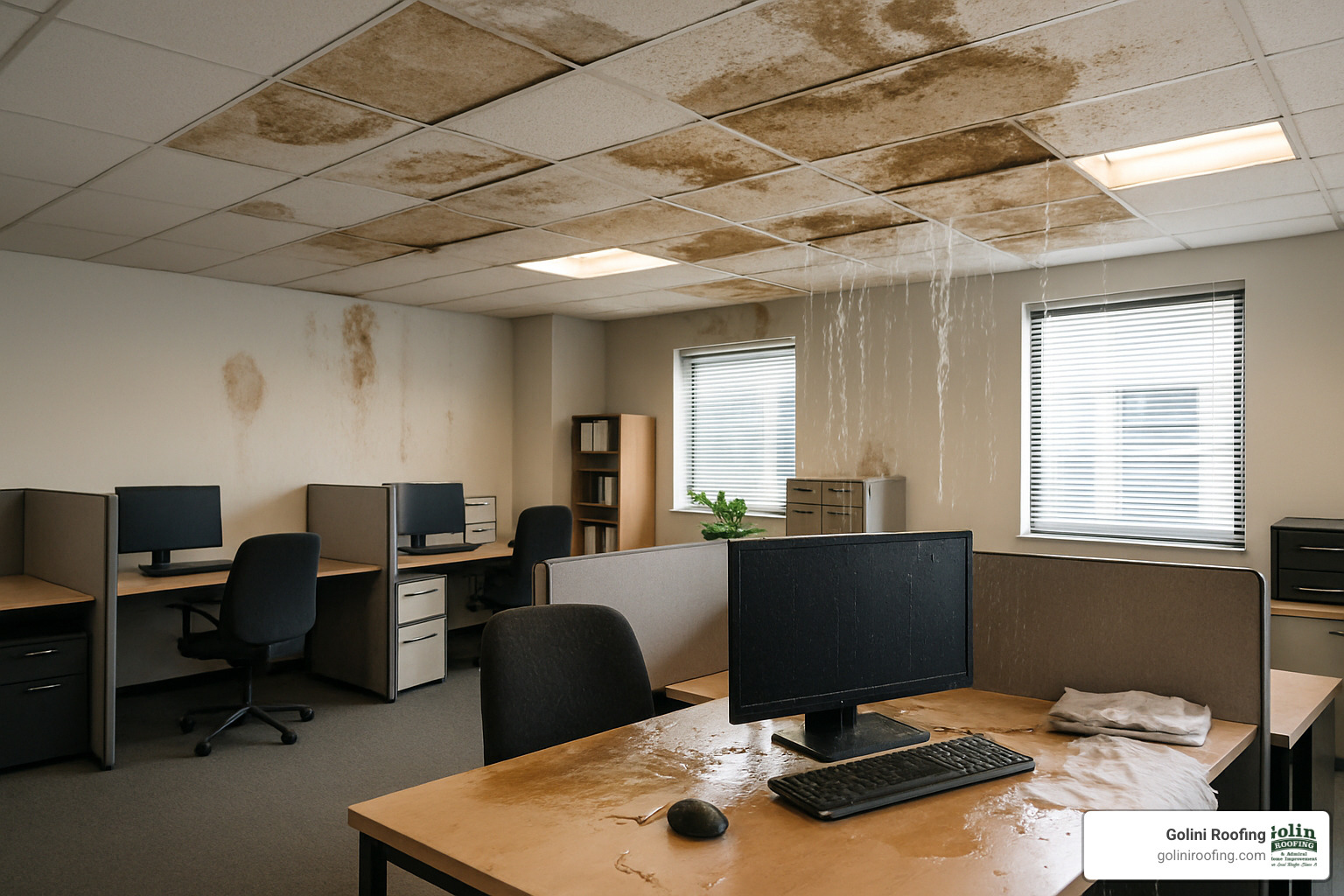 leaking ceiling causing water damage to office space with damaged ceiling tiles and equipment - commercial roof maintenance plan