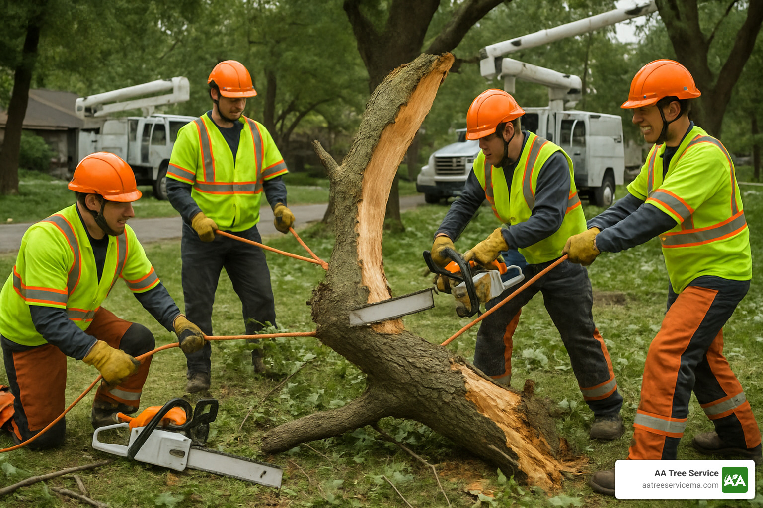 professional tree service crew wearing proper PPE - storm tree service