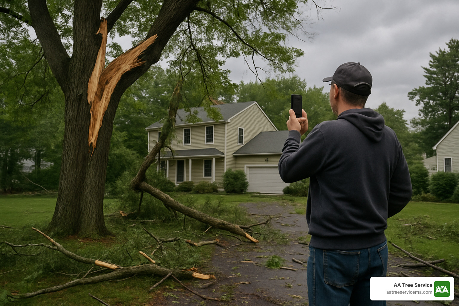 homeowner safely assessing storm damage from a distance - storm tree service