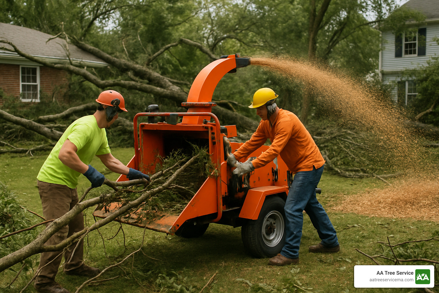 wood chipper in action processing storm debris - storm tree service