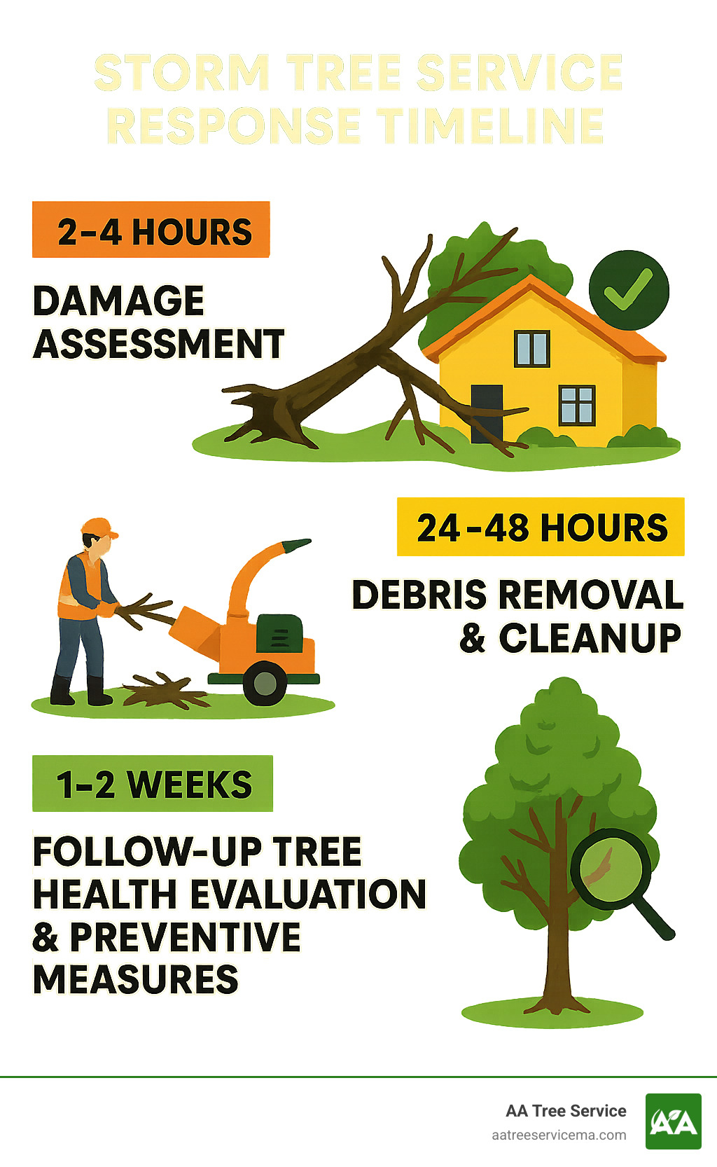 Storm Tree Service Response Timeline - From initial damage assessment within 2-4 hours for emergencies, to debris removal and cleanup within 24-48 hours, to follow-up tree health evaluation and preventive measures within 1-2 weeks - storm tree service infographic 