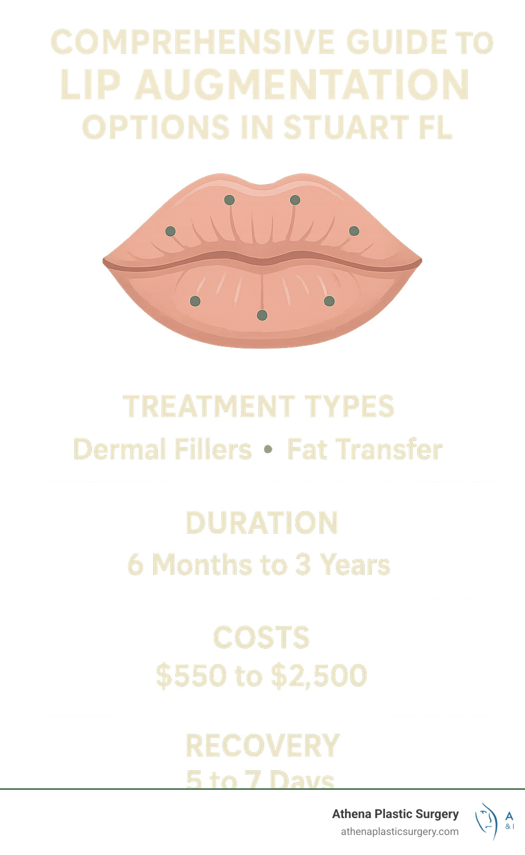 Comprehensive guide to lip augmentation options in Stuart FL showing treatment types, duration, costs, and recovery timeline with anatomical diagram of lip injection sites - lip augmentation stuart fl infographic 