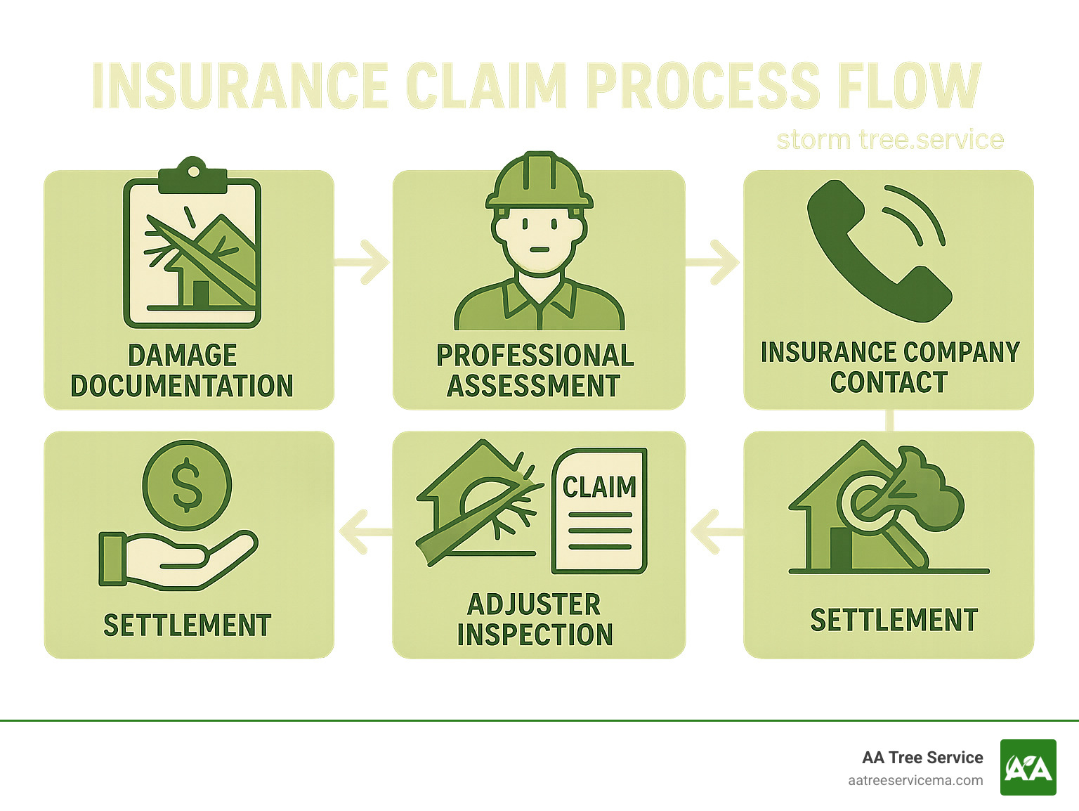 Insurance claim process flow - damage documentation, professional assessment, insurance company contact, claim filing, adjuster inspection, and settlement - storm tree service infographic 