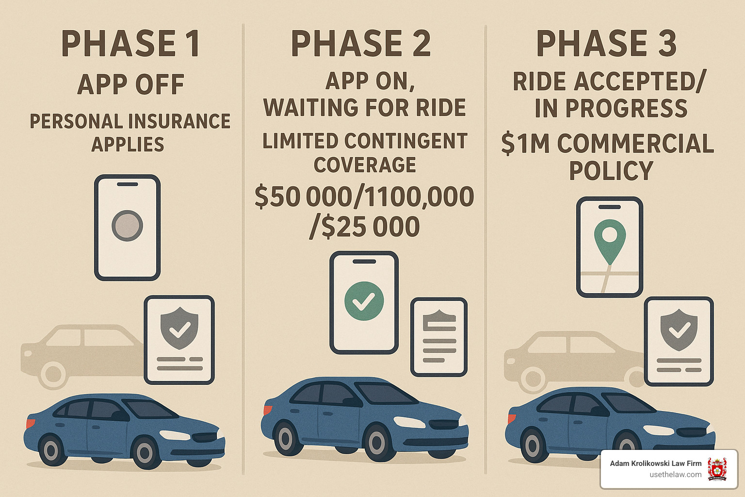 rideshare insurance coverage phases showing app status and policy limits - rideshare accident lawsuit