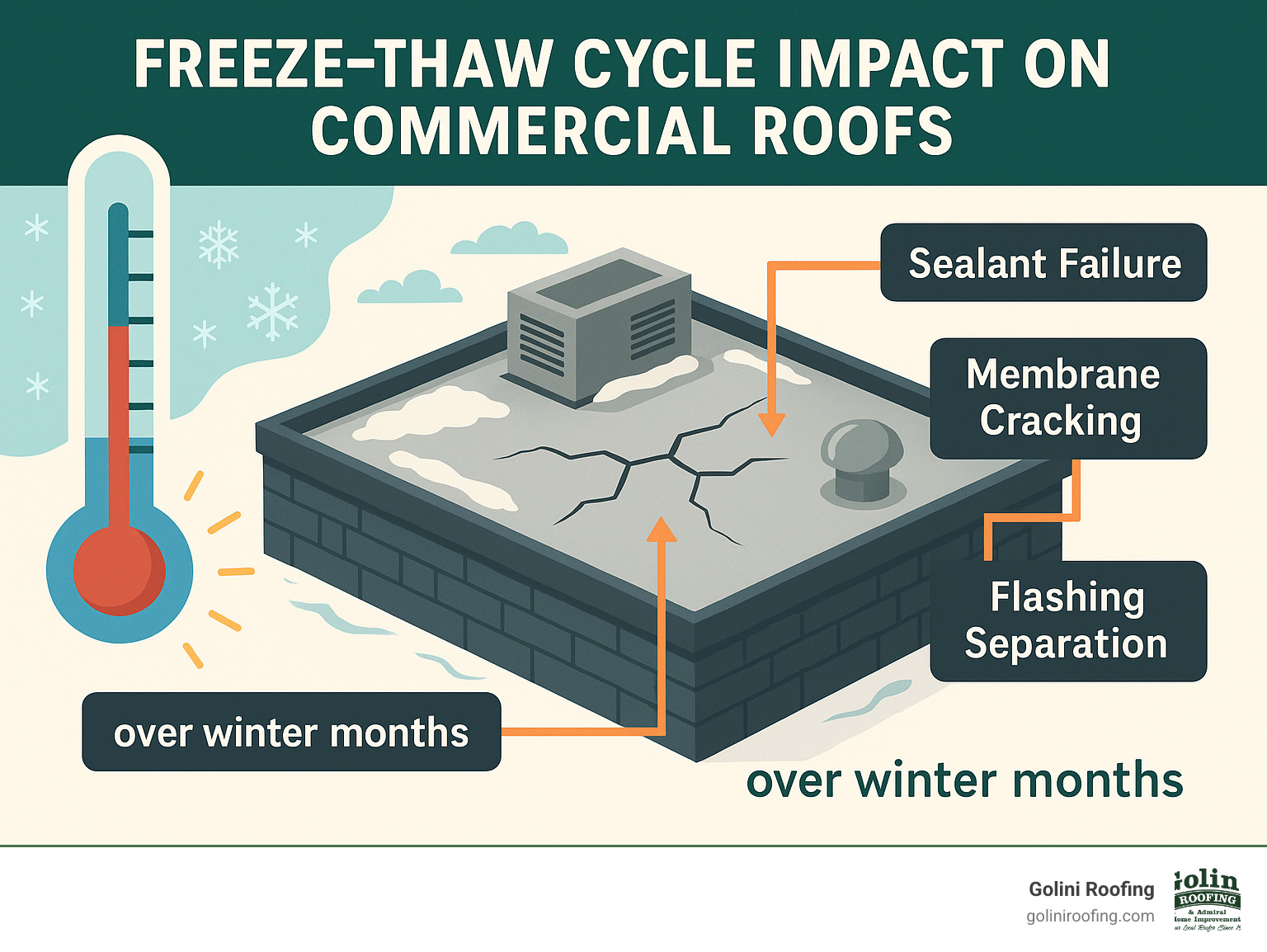 Infographic showing freeze-thaw cycle impact on commercial roofs, with temperature fluctuations causing sealant failure, membrane cracking, and flashing separation over winter months - commercial roof maintenance plan infographic