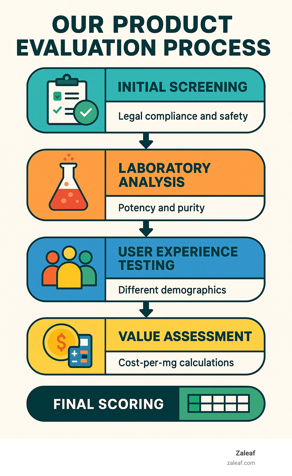 Detailed flowchart showing our product evaluation process: initial screening for legal compliance and safety, laboratory analysis for potency and purity, user experience testing across different demographics, value assessment including cost-per-mg calculations, and final scoring matrix - what is the best delta 8 product infographic 