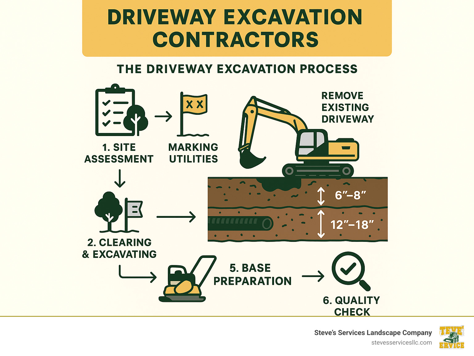 Comprehensive infographic showing the complete driveway excavation process from initial site assessment through final base preparation, including equipment used, soil removal depths, drainage considerations, utility marking, and quality checkpoints - Driveway excavation contractors infographic 