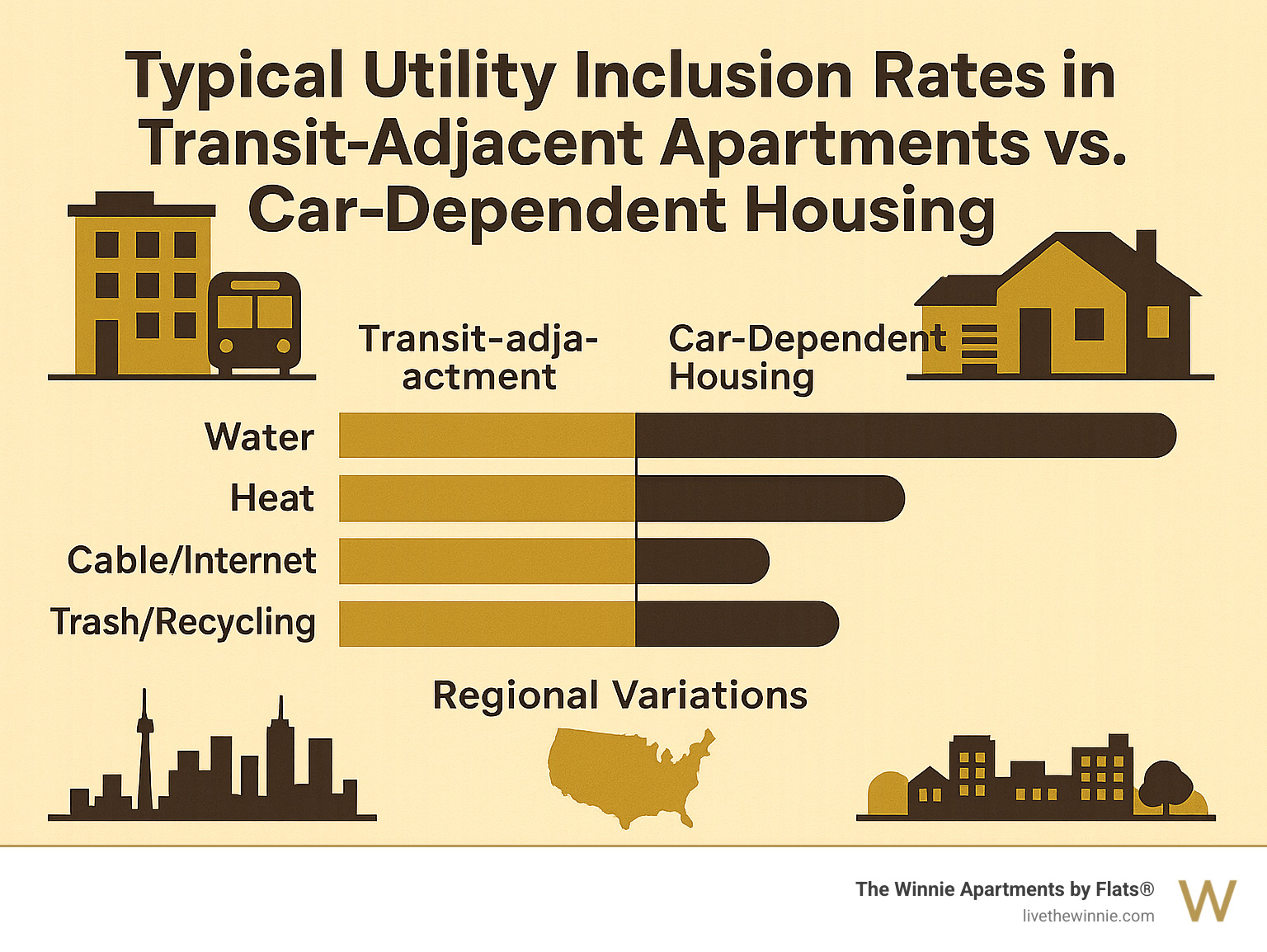 Infographic showing typical utility inclusion rates in transit-adjacent apartments versus car-dependent housing, broken down by utility type and regional variations - apartments near bus stops infographic 