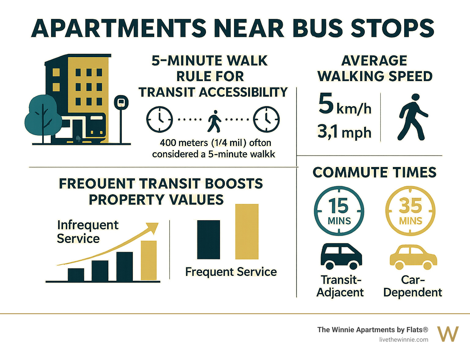Infographic showing the 5-minute walk rule for transit accessibility, including average walking speeds, transit frequency impact on property values, and comparison of commute times from transit-adjacent versus car-dependent locations - apartments near bus stops infographic 