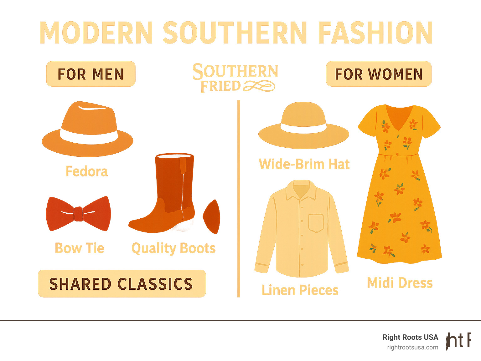 Infographic comparing essential wardrobe pieces for Southern men versus women, showing items like fedoras and bow ties for men, wide-brim hats and midi dresses for women, with shared classics like quality boots and linen pieces - modern southern fashion infographic 