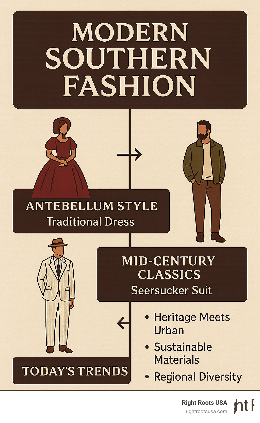 Infographic showing the evolution of Southern fashion from traditional antebellum styles through mid-century classics like seersucker suits to today's blend of heritage pieces with urban influences, sustainable materials, and diverse regional expressions - modern southern fashion infographic 