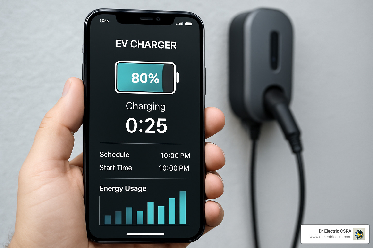 Smartphone displaying EV charger status, showing 80% battery, charging time of 25 minutes, and energy usage graph, with charger plugged into wall, emphasizing home EV charging solutions.