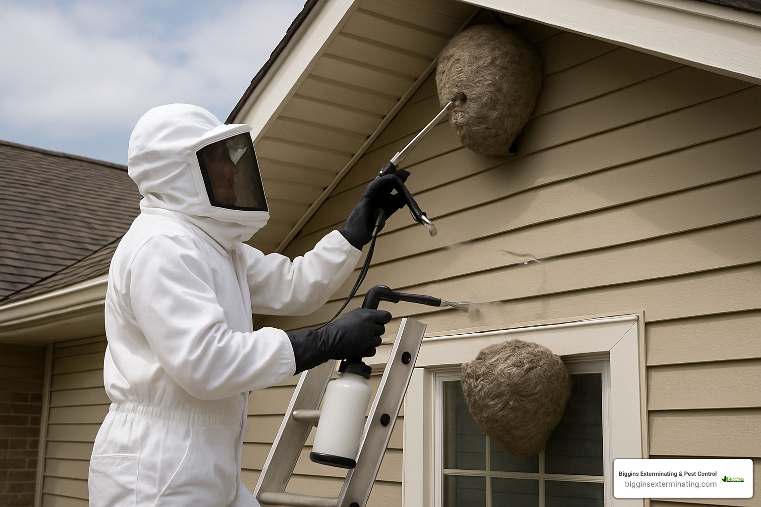 professional technician in full bee suit applying treatment to hornet nest - pest control hornets nest