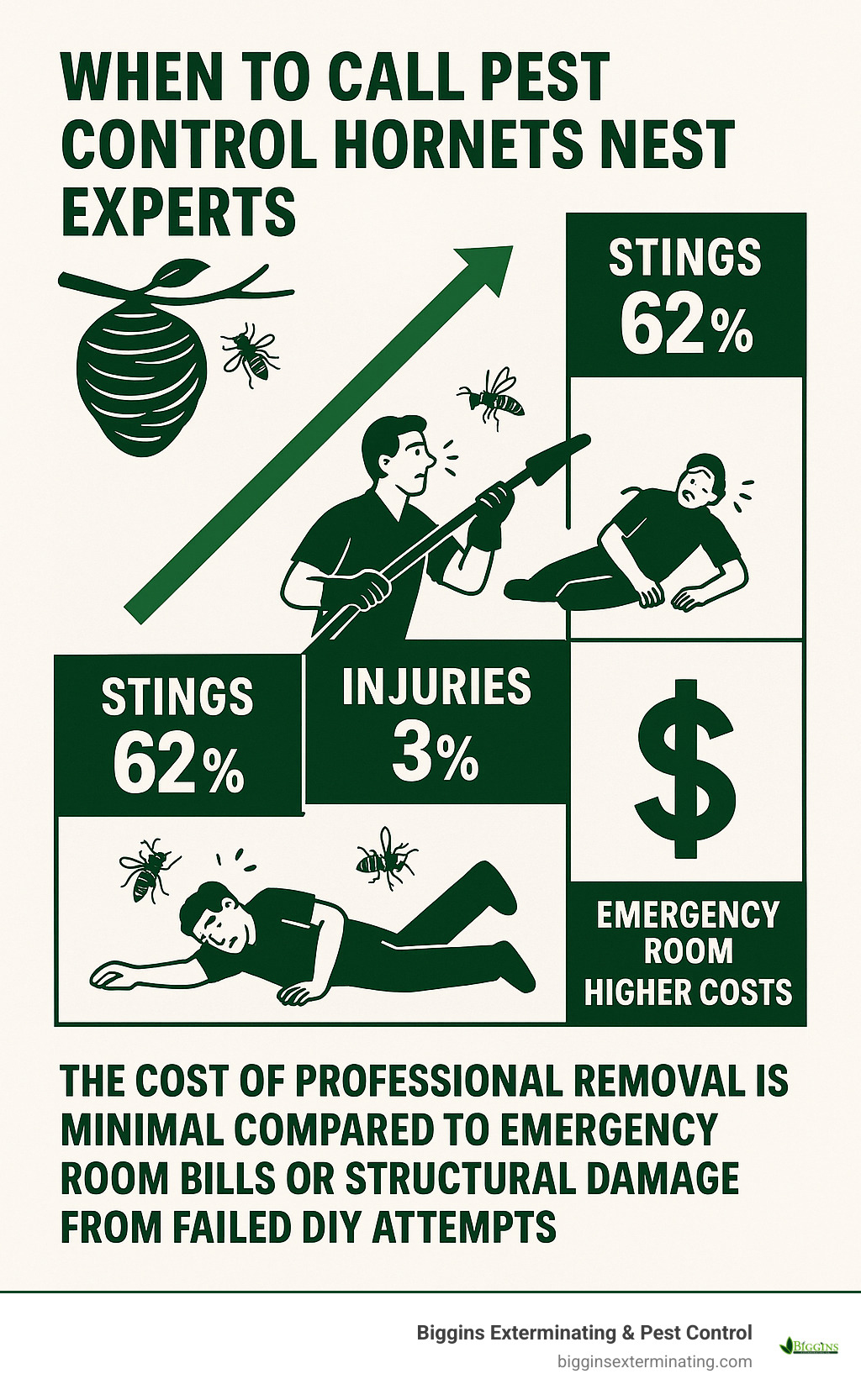 infographic showing escalating risks from DIY hornet nest removal attempts, including sting statistics, injury rates, and cost comparisons - pest control hornets nest infographic 