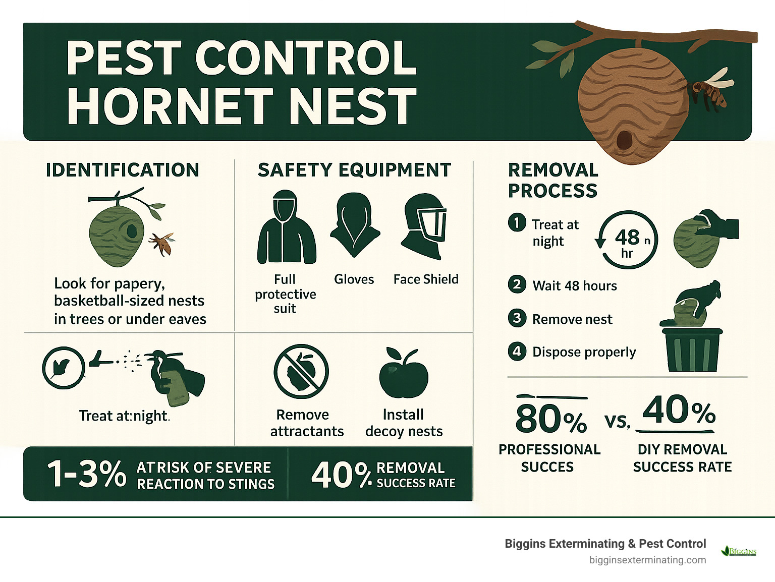 Detailed infographic showing hornet nest identification, safety equipment needed, step-by-step removal process, and prevention methods with statistics on sting risks and professional vs DIY success rates - pest control hornets nest infographic 