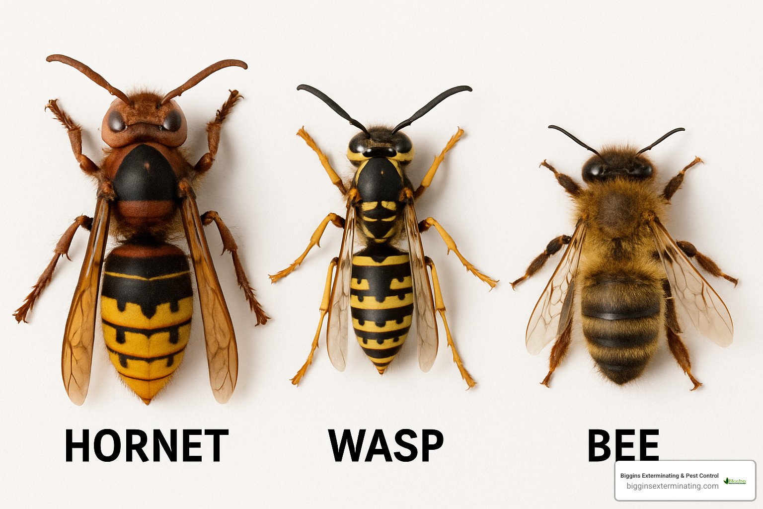 comparison image showing hornet vs wasp vs bee side by side - pest control hornets nest