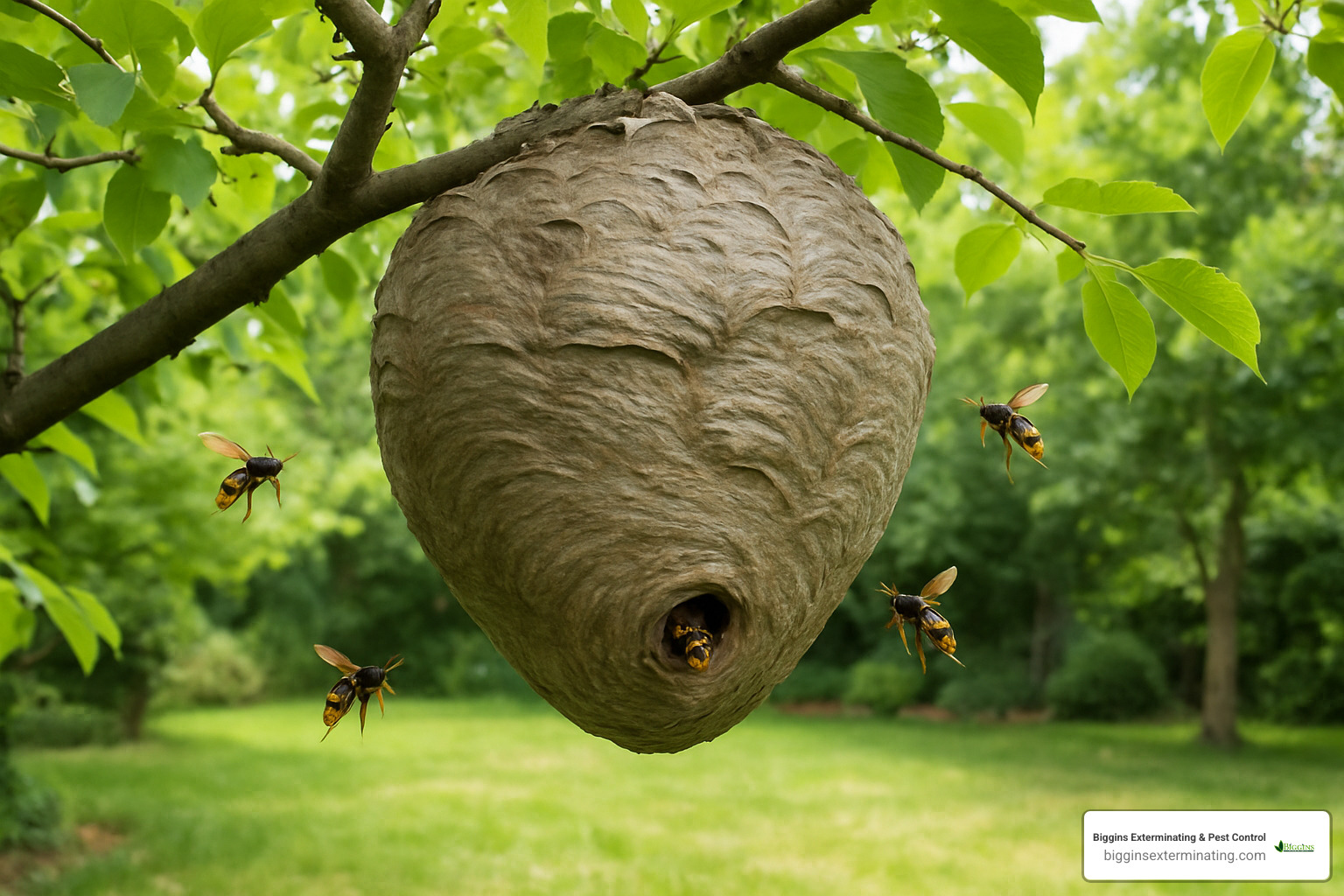 large basketball-sized hornet nest hanging from tree branch - pest control hornets nest