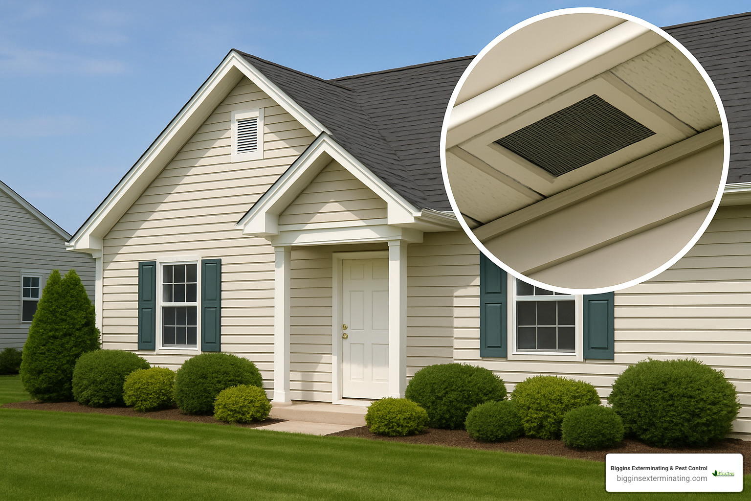 sealed soffit vents and maintained yard showing prevention measures - pest control hornets nest