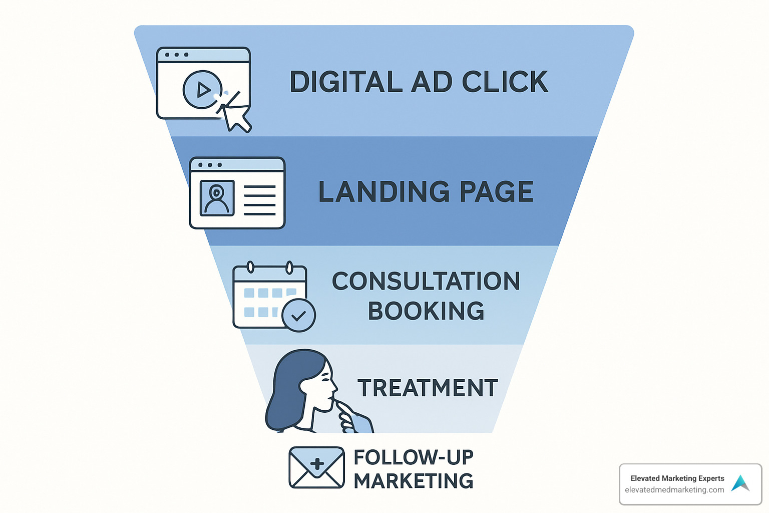 Detailed funnel diagram showing patient journey from initial ad click through landing page, consultation booking, treatment, and follow-up marketing - Aesthetic clinic digital marketing