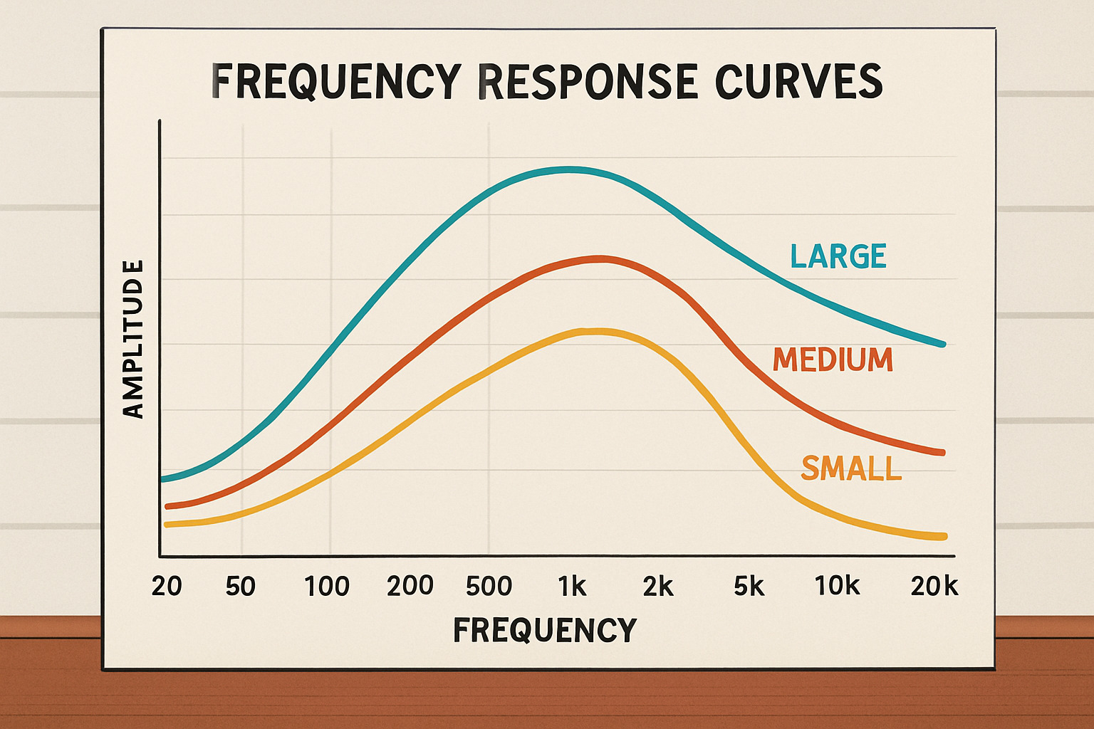 Soundwave visualization showing frequency response curves for different sized speakers - small portable Bluetooth speaker