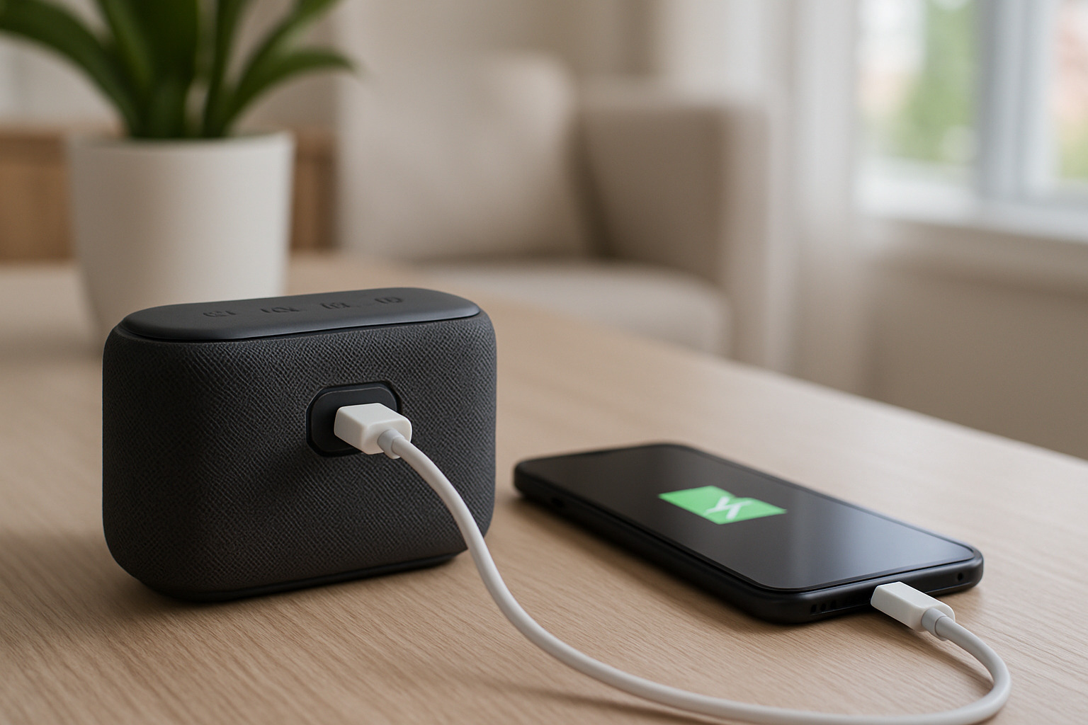 Bluetooth speaker being used as phone charger with cables connected - small portable Bluetooth speaker