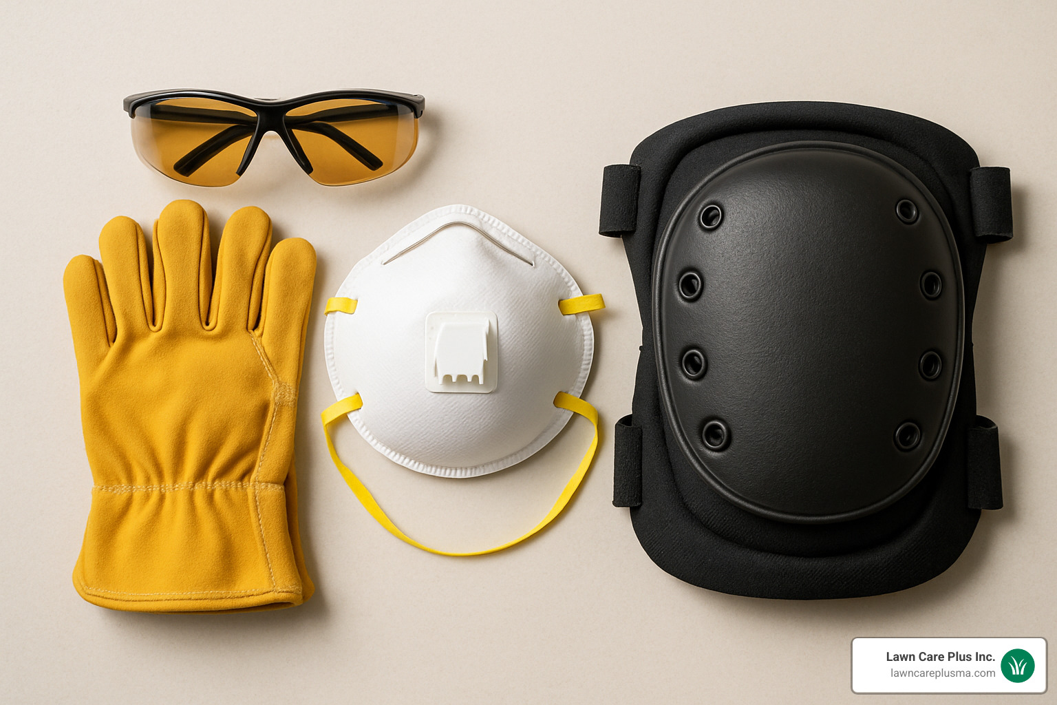 Personal protective equipment laid out including safety glasses, gloves, dust mask, and knee pads - driveway expansion joint replacement